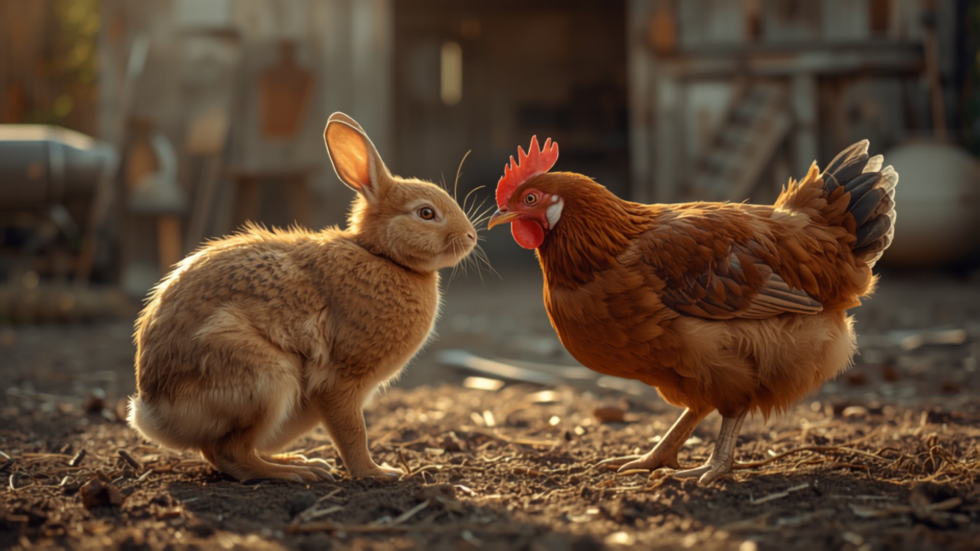 House rabbit and a self-assured hen facing off nose to beak in a farmyard, neither willing to look away first