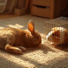 A house rabbit lounging on a sunlit rug beside a wire guinea pig travel cage, both animals sharing the same patch of afternoon light