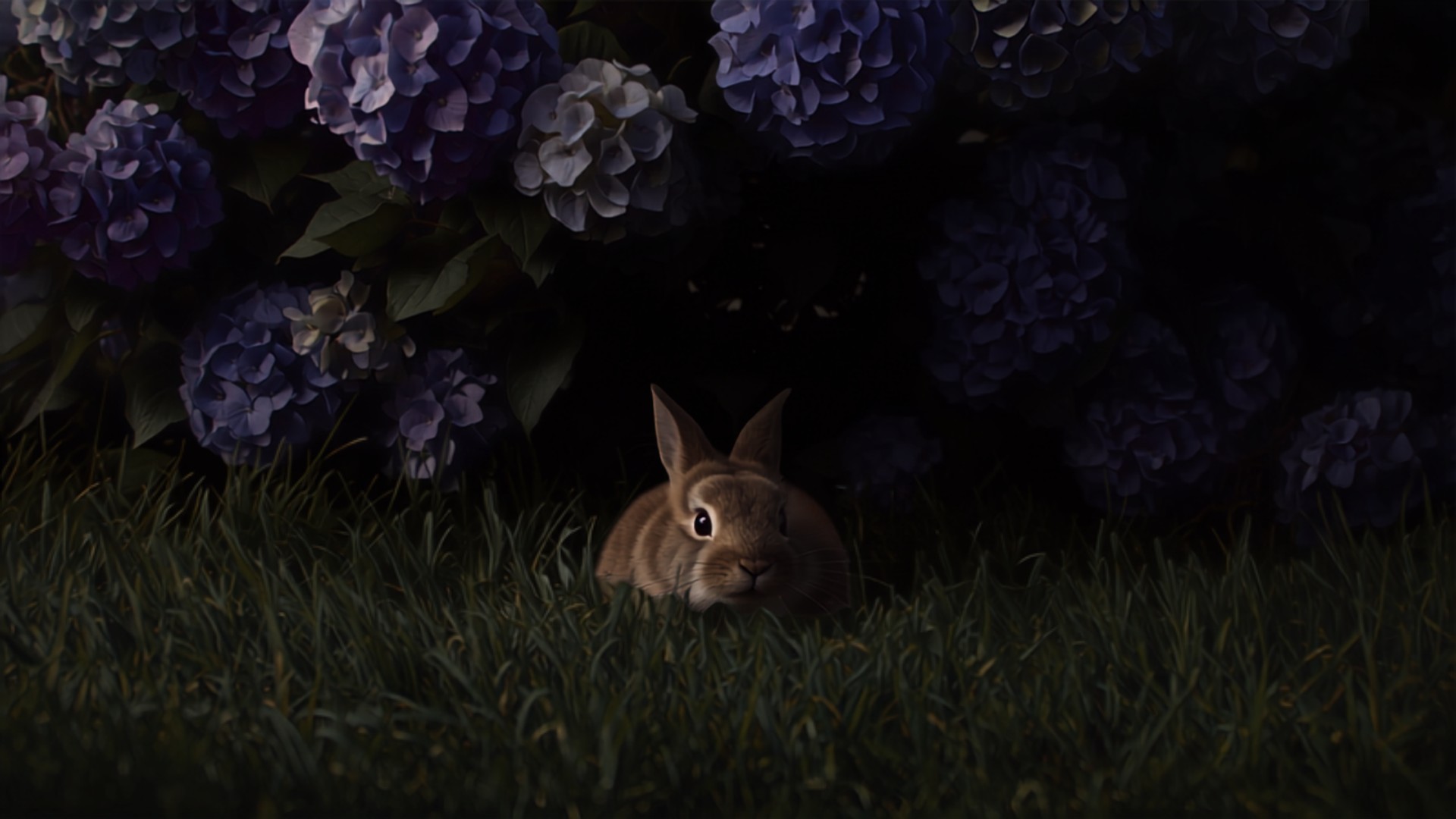 House rabbit pressed flat and still beneath a hydrangea as a great owl's shadow slides silently across the garden grass