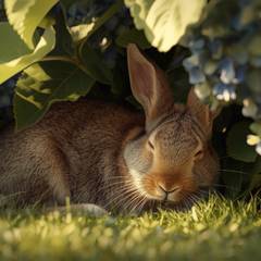 House rabbit dozing beneath the hydrangea, whiskers twitching as though lost in a vast and important dream
