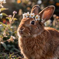 A house rabbit wearing a small white felt flower crown sits with chin lifted and ears up in a garden, mid pose for a photograph.