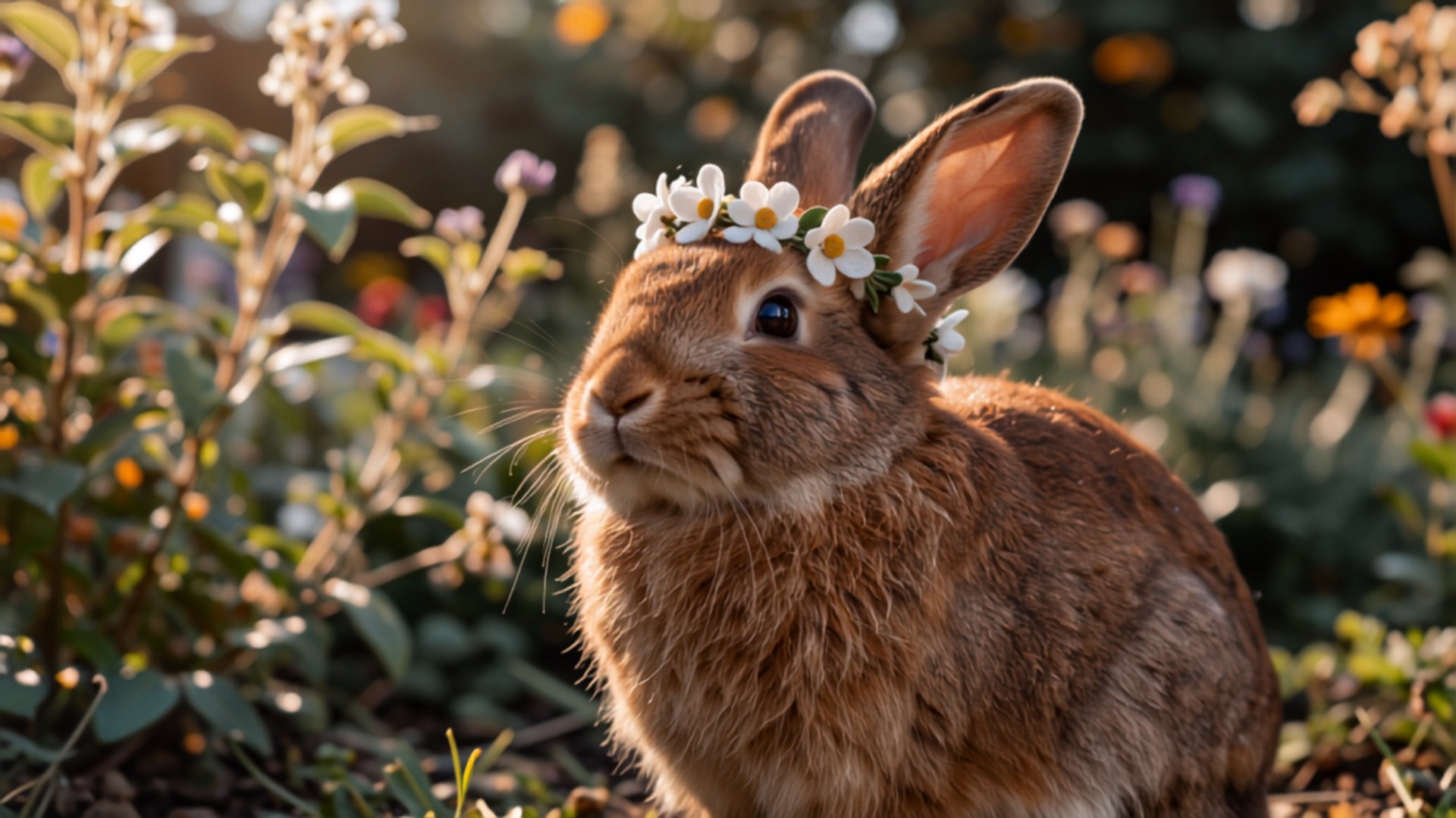 A house rabbit wearing a small white felt flower crown sits with chin lifted and ears up in a garden, mid pose for a photograph.
