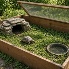 An outdoor tortoise pen with solid opaque walls, a shaded wooden shelter, a shallow water dish with a ramp, and a secured wire mesh top