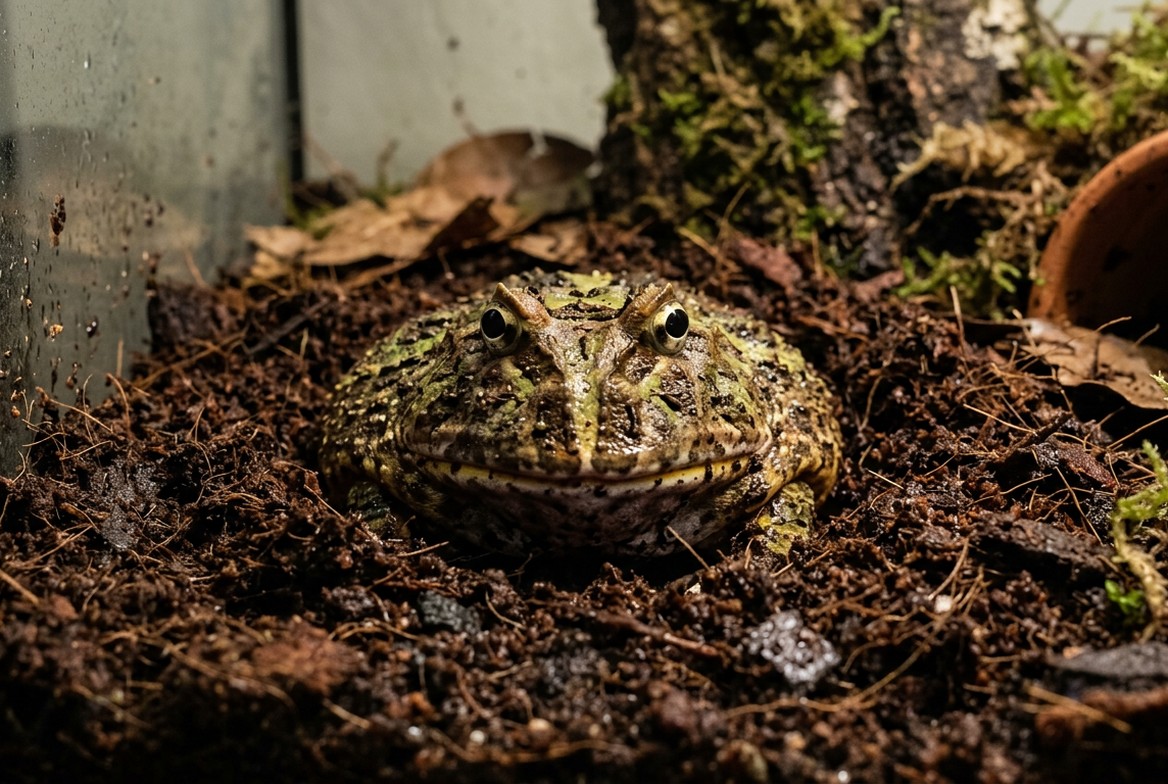 Pacman frog sitting in a simple terrarium setup with coconut fiber substrate