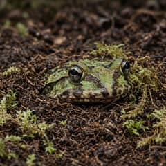 A pacman frog buried to the eyes in damp substrate with only its head showing