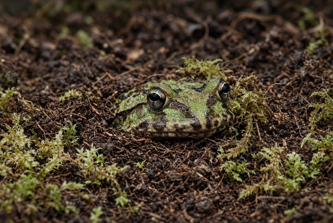 A pacman frog buried to the eyes in damp substrate with only its head showing