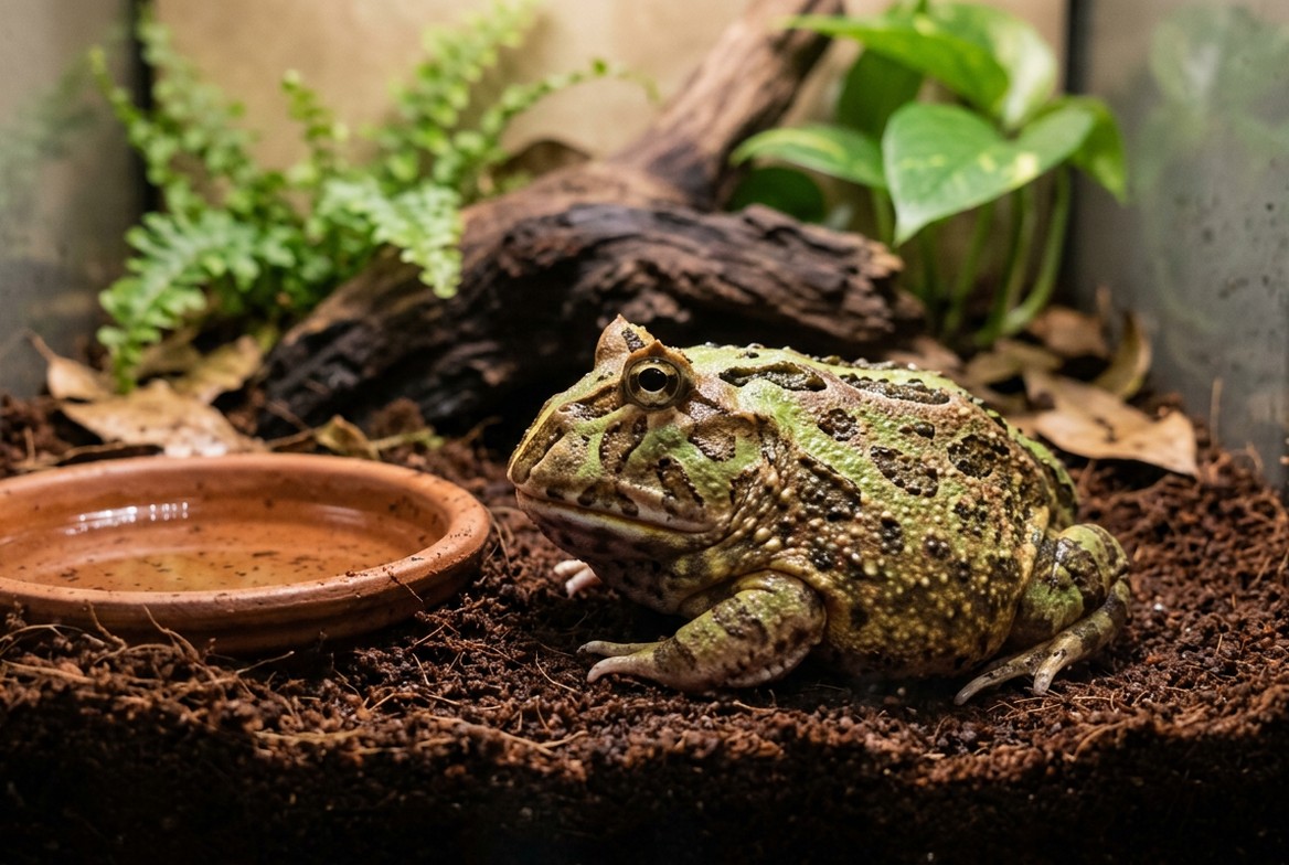 Pacman frog on coco fiber substrate, the substrate choice directly tied to impaction risk