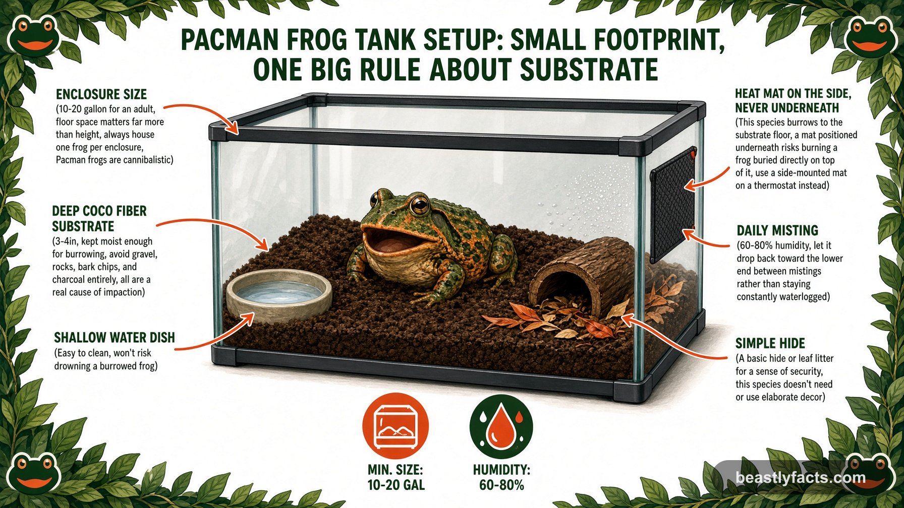 Labeled diagram of a Pacman frog enclosure showing deep coco fiber substrate, a side-mounted heat mat, and daily misting