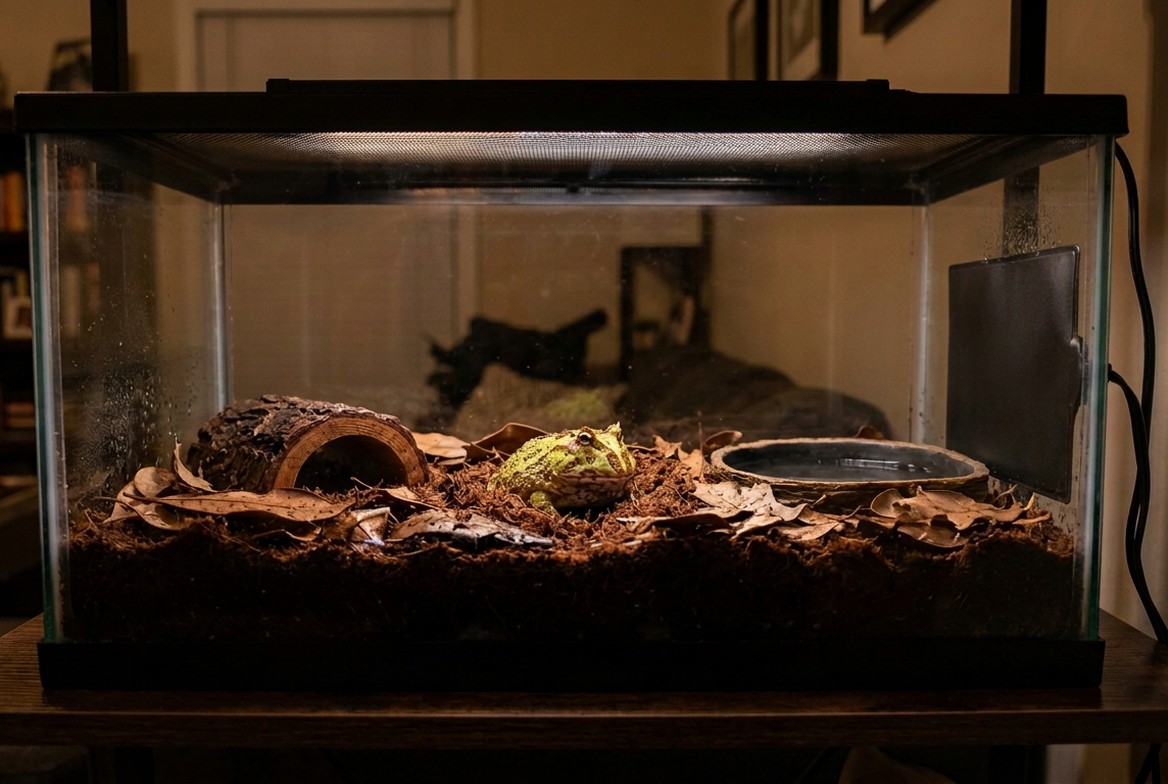 Pacman frog terrarium with deep coco fiber substrate, shallow water dish, and simple hide