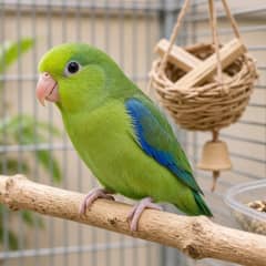 Pacific parrotlet perched beside its cage with food dishes and toys