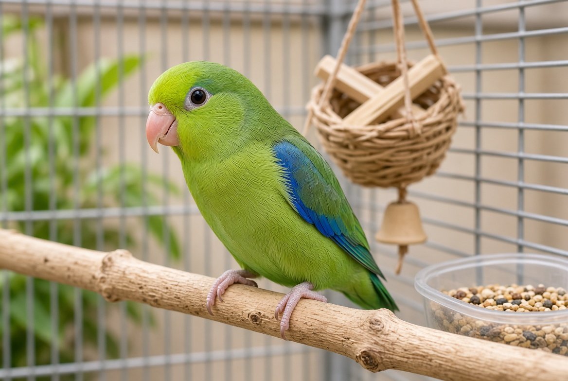 Pacific parrotlet perched beside its cage with food dishes and toys