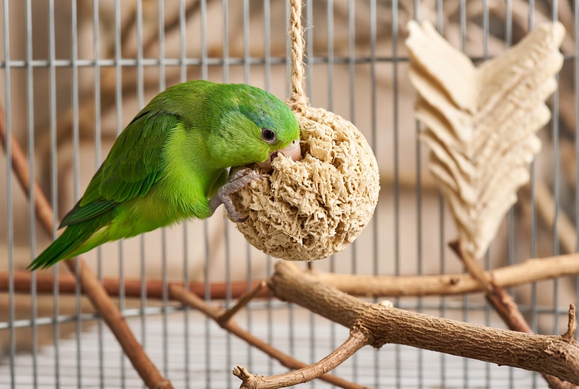A small green parrotlet gripping a hanging forage toy with one foot, beak working at it