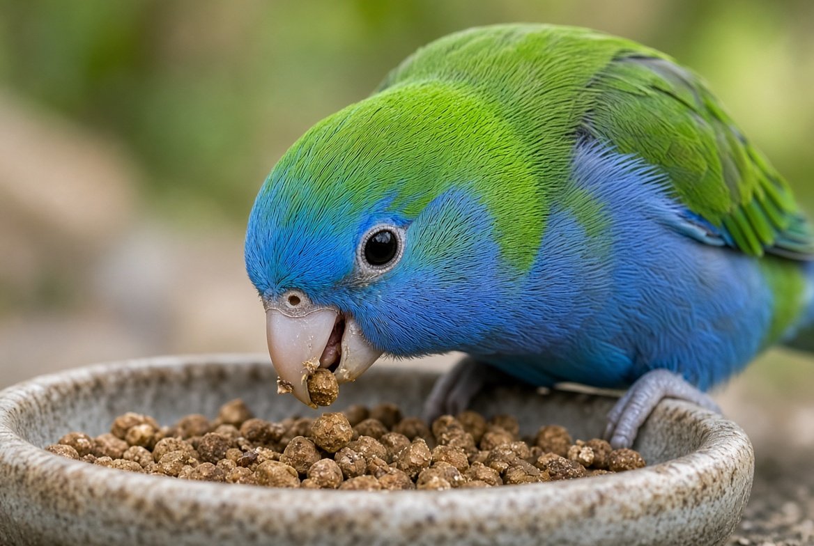 Pacific parrotlet eating from a bowl of pellets next to chopped fresh vegetables