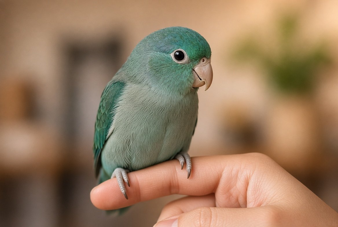 Pacific parrotlet perched on a person's finger