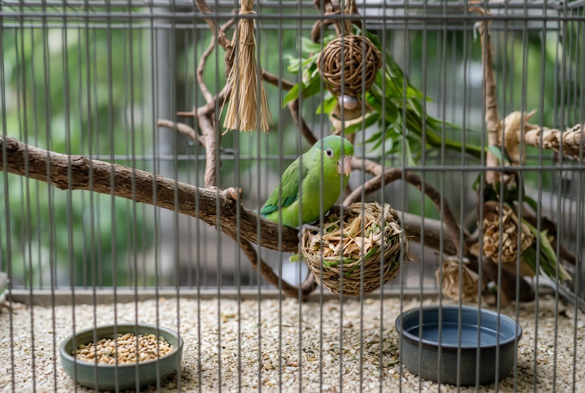 Parrotlet cage with varied perches, foraging toys, and safe bar spacing