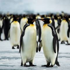 Two king penguins standing face to face on ice, with a dense colony of others out of focus behind them