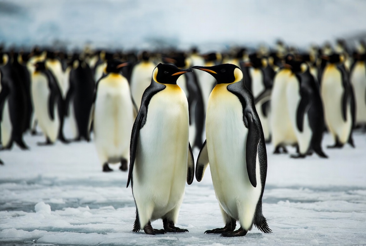 Two king penguins standing face to face on ice, with a dense colony of others out of focus behind them