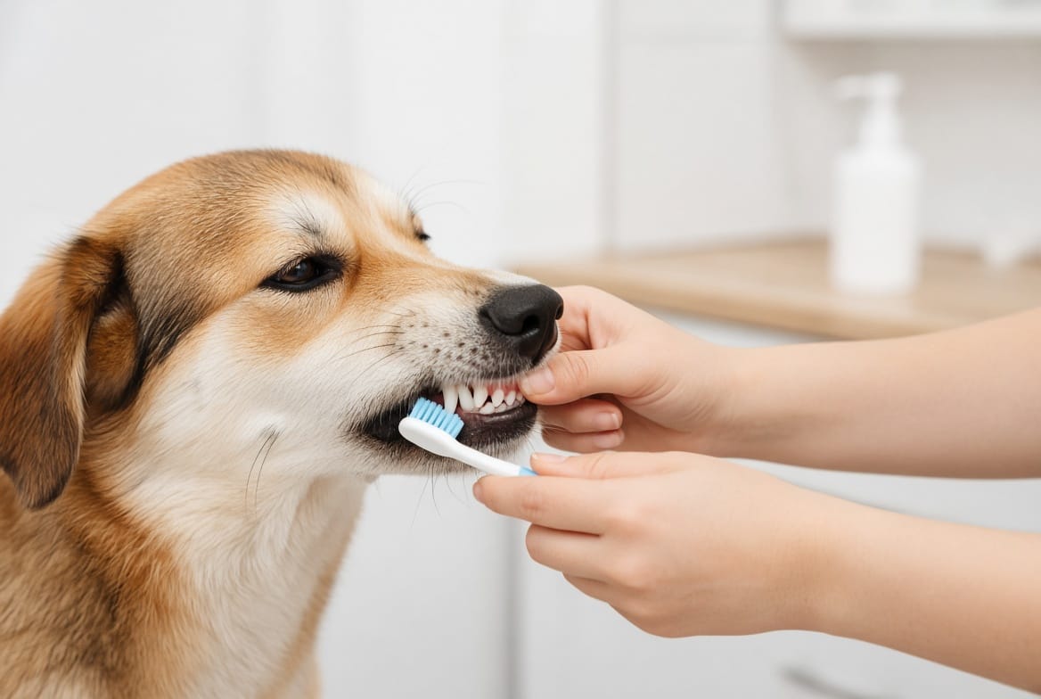 Veterinarian examining a dog's teeth and gums during a dental assessment