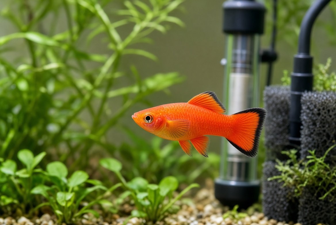 A small group of colorful platies swimming in a planted 10-gallon aquarium