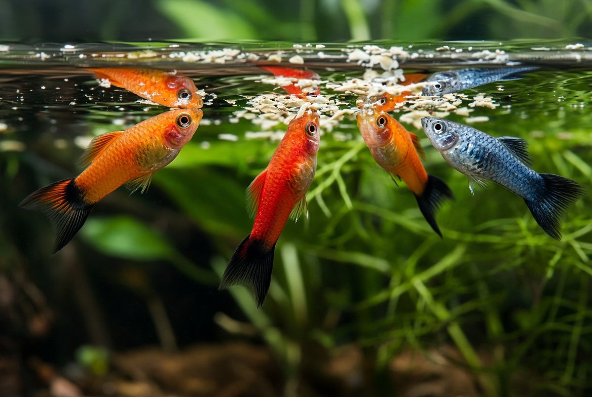A platy feeding on flakes near the surface of a planted aquarium