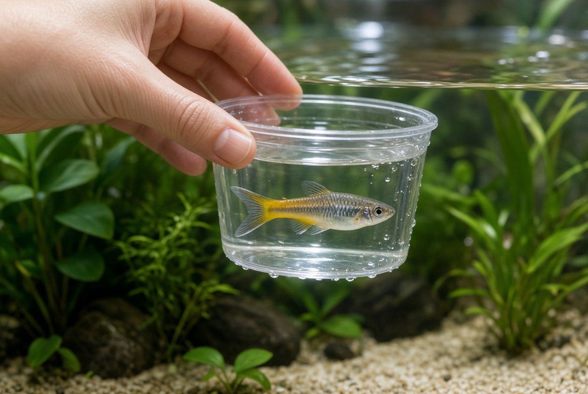 A fine-mesh net gently guiding a platy during a tank transfer instead of using bare hands