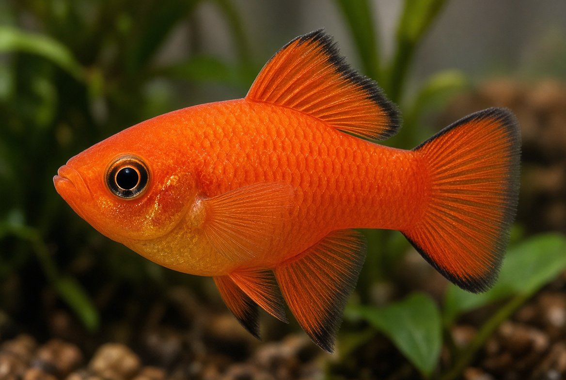 Close-up of a healthy platy in a well-maintained aquarium showing bright coloring and undamaged fins