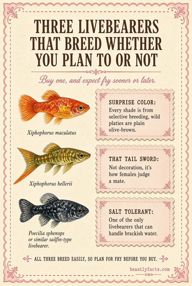 Portrait infographic comparing a platy, swordtail, and molly, showing the one distinguishing trait for each