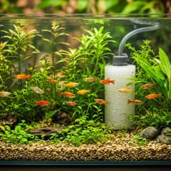 A planted 10-gallon platy tank with gentle filtration and warm lighting