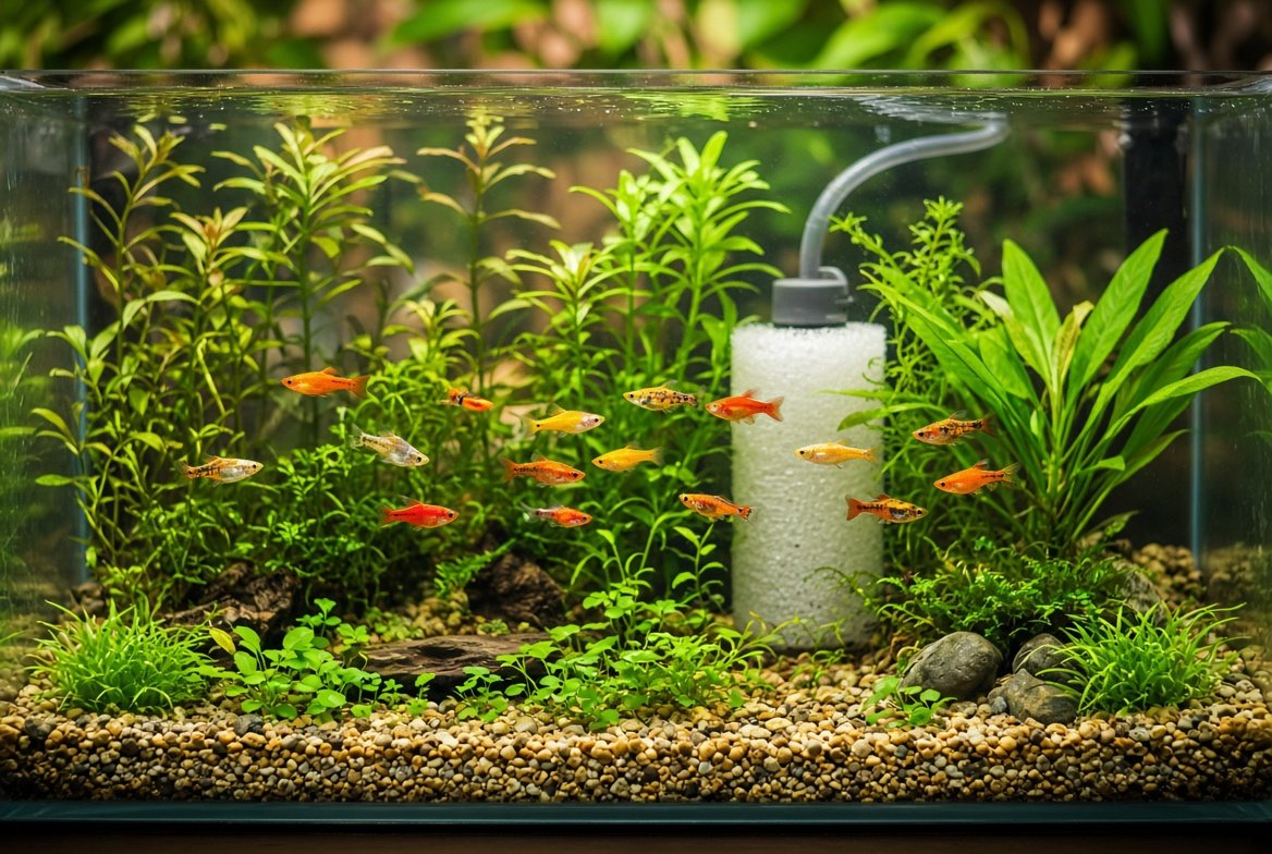 A planted 10-gallon platy tank with gentle filtration and warm lighting