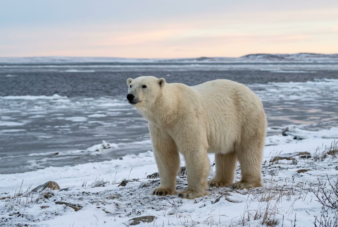 A polar bear standing on snowy tundra at the edge of Hudson Bay in late autumn, thin new ice forming along the shoreline behind it