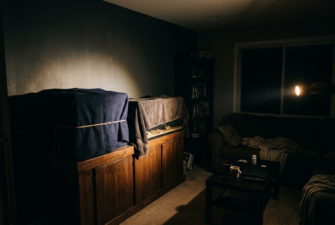 A dark living room during a power outage lit by a single flashlight, an aquarium wrapped in a blanket on its stand and a towel-covered reptile enclosure beside it