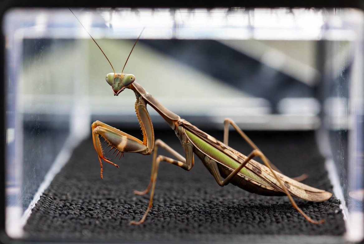 Praying mantis beside its enclosure setup and feeder insects