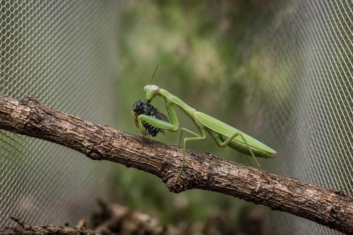 A green praying mantis gripping a bottle fly in its front legs on a twig inside a mesh enclosure