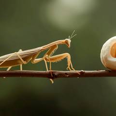 Praying mantis on a branch next to its foam-like ootheca egg case