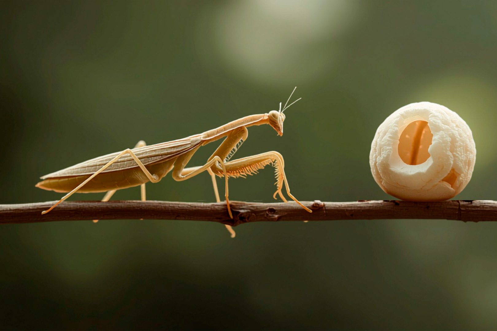 Praying mantis on a branch next to its foam-like ootheca egg case
