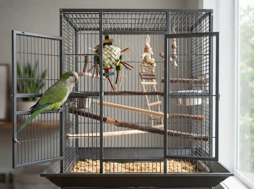 Quaker parakeet perched beside its cage and accessories, representing the total cost of ownership