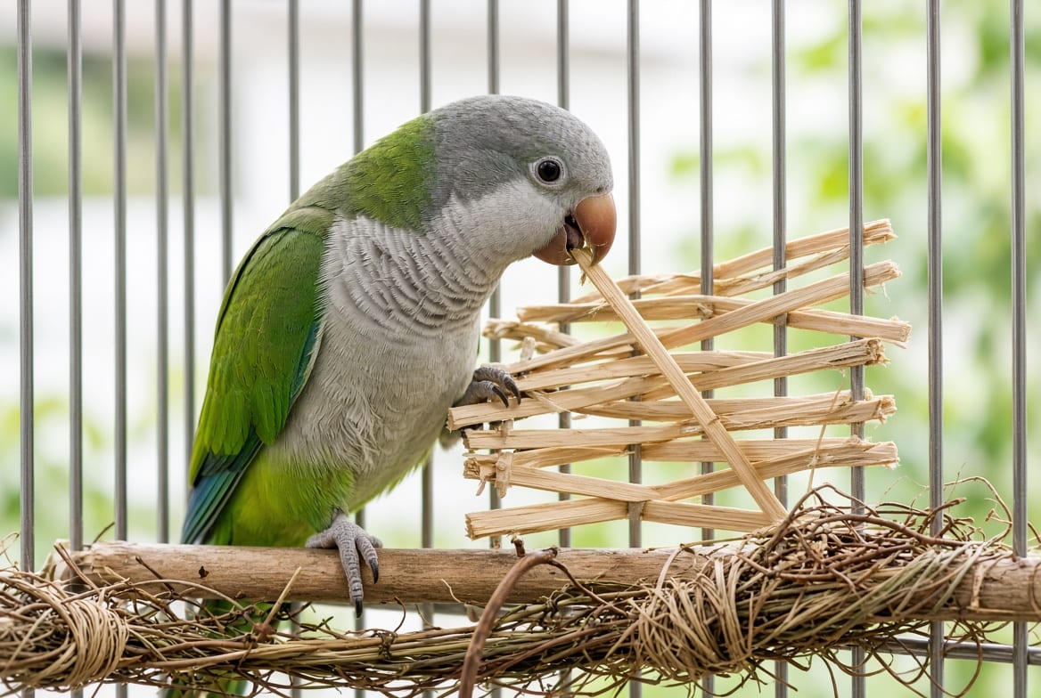 A quaker parakeet weaving a willow strip into the bars of its cage