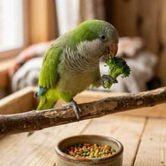 A green quaker parakeet on a cage perch holding a piece of broccoli in one foot, a bowl of pellets below