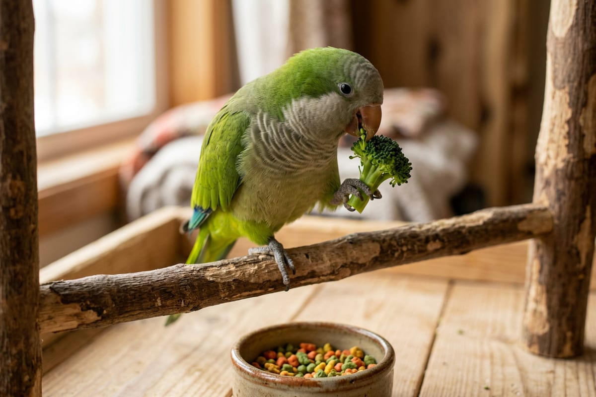 A green quaker parakeet on a cage perch holding a piece of broccoli in one foot, a bowl of pellets below