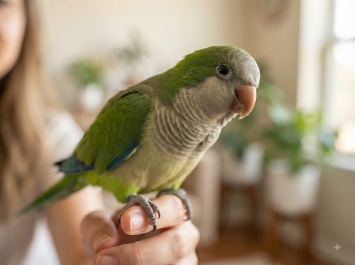 Quaker parakeet perched on an owner's hand, showing its bold, social temperament