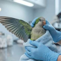 Quaker parakeet undergoing an avian vet exam
