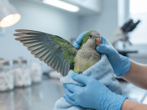 Quaker parakeet undergoing an avian vet exam