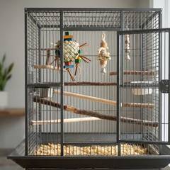 Quaker parakeet cage with varied perches and shreddable foraging toys