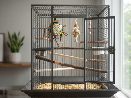 Quaker parakeet cage with varied perches and shreddable foraging toys