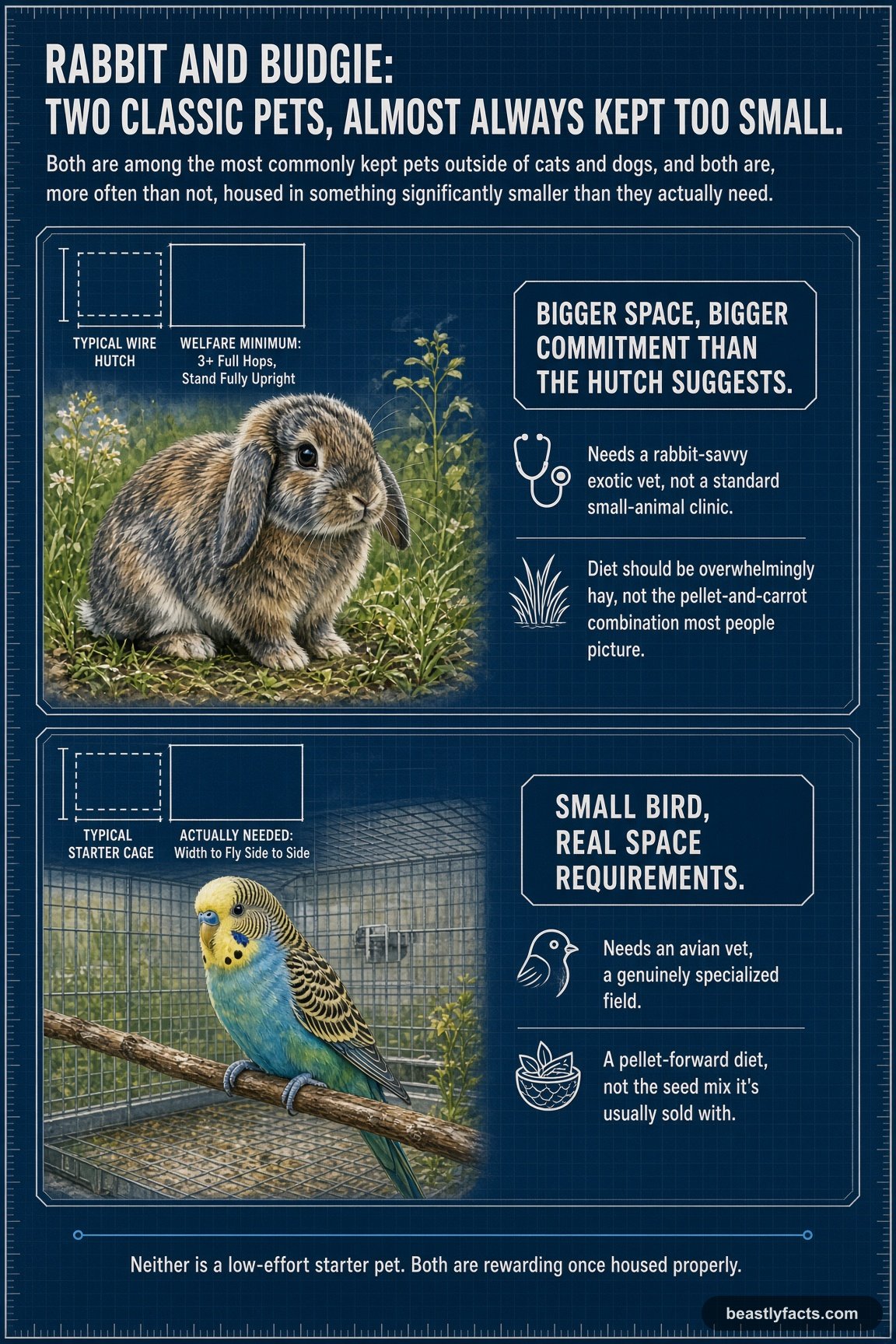 Portrait infographic comparing a rabbit and a budgie, showing the typical undersized housing each is sold with next to what they actually need