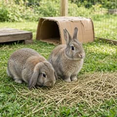 Two rabbits grazing side by side in a large run beside a hay pile and a dig box