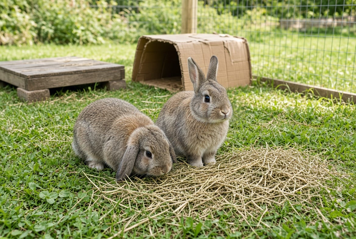 Two rabbits grazing side by side in a large run beside a hay pile and a dig box