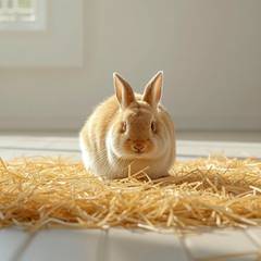 Healthy rabbit eating a large pile of fresh hay in a clean enclosure