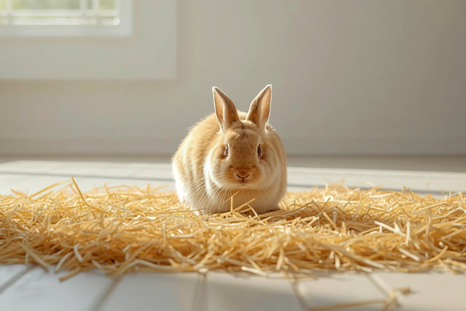 Healthy rabbit eating a large pile of fresh hay in a clean enclosure