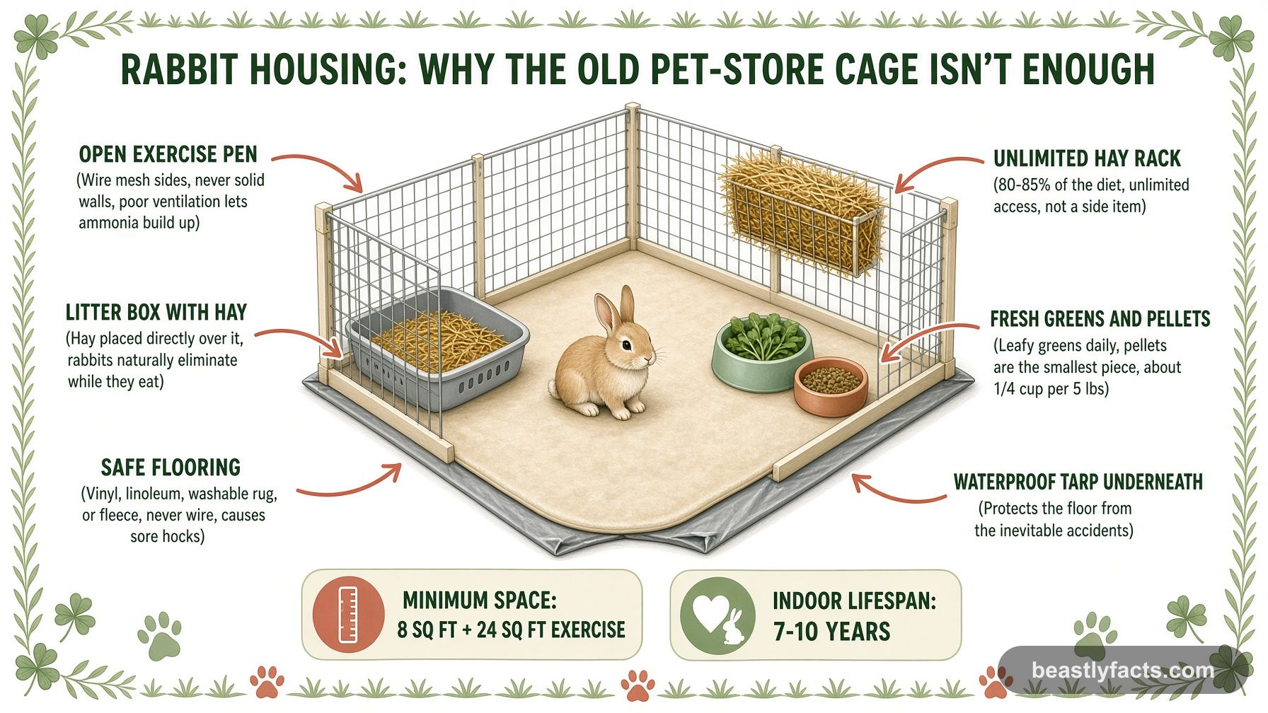 Labeled diagram of a rabbit exercise pen showing the mesh walls, litter box with hay, safe flooring, and hay rack